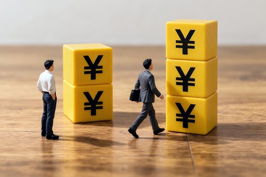 円安や投資のイメージで積み上げられた円記号のブロックを見上げるビジネスマンのミニチュア