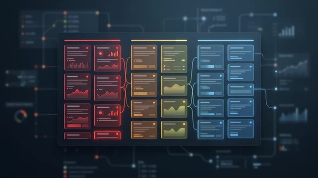 Focus on life insurance claims interface autoprioritizing applications by risk and complexity with blurred surrounding data visualization and minimalistic design.