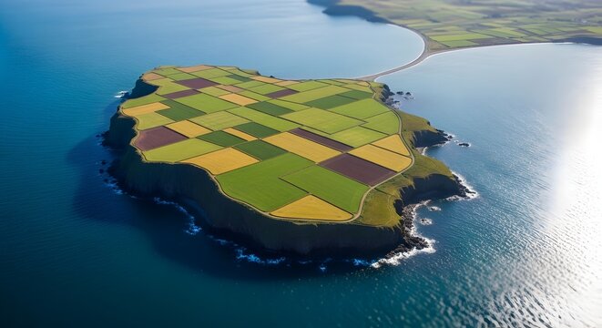 Aerial view of achill island county mayo ireland with patchwork fields and coastal cliffs