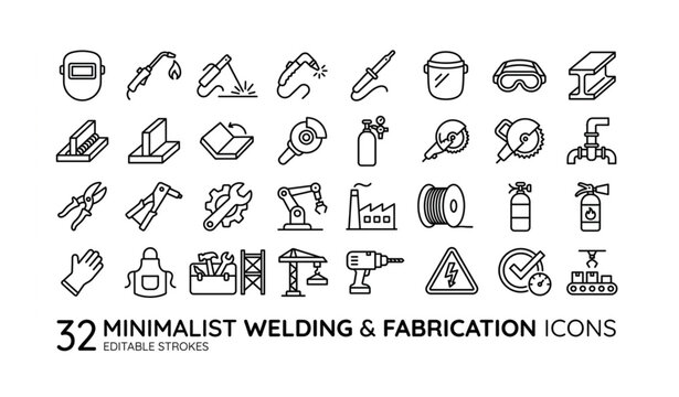 Industrial welding and fabrication line outline icon collection editable vector set