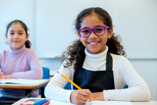 Portrait of schoolgirl wearing glasses, smiling at camera while writing in classroom, classmate studying behind. Ideal for education, learning success, school promotion