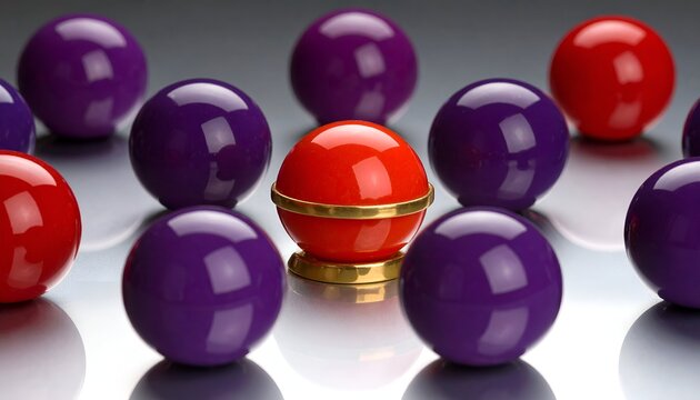 Vivid spheres, mostly purple, surround a central red orb with gold ring