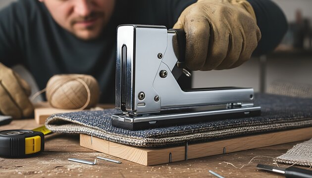 Professional Upholsterer Installing Staple Gun on Fabric Covered Cushion