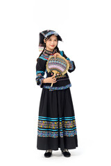 Fototapeta premium Young Woman in Traditional Ethnic Costume Holding Decorative Fan
