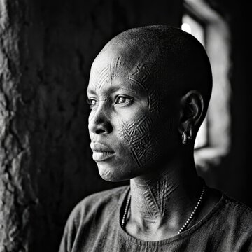 African Woman With Tribal Scarification and Beaded Necklace