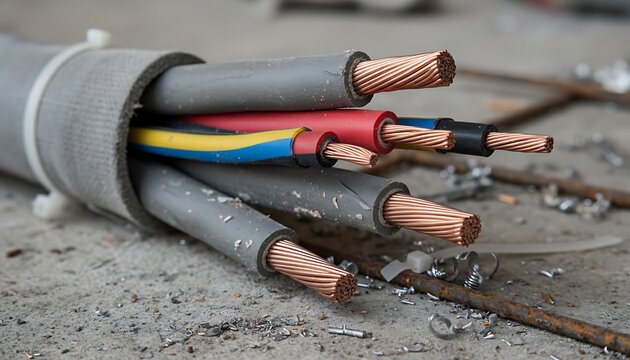 Exposed Multicolored Electrical Cables with Copper Wires on Concrete Floor