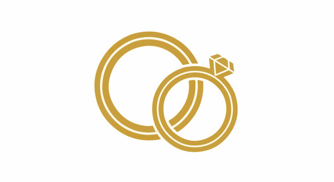 Two golden rings, one with a diamond, intertwined on a white background