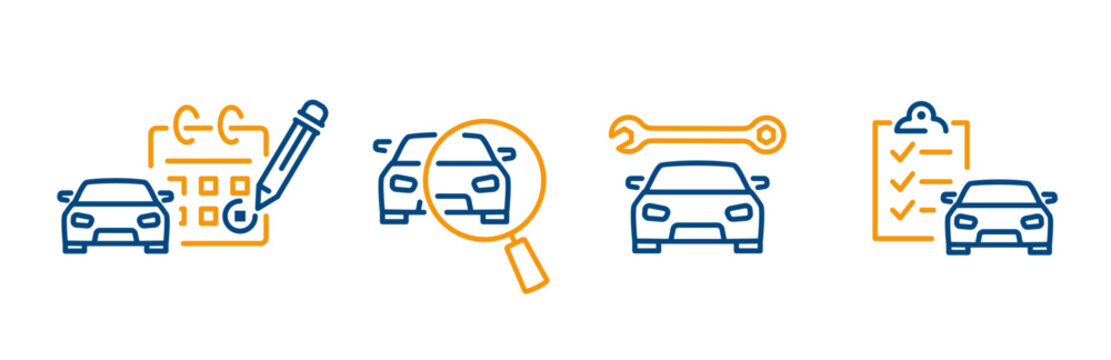 set icons of technical inspection car, appointment date for car service,   auto inspection checklist, cars outline icon vector editable stroke