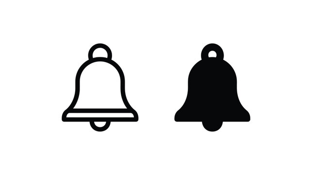 Outline and solid silhouette bell icons with sound wave, silhouette