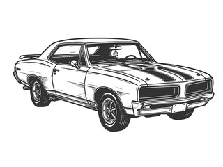 Fototapeta premium classic muscle car, shown in a dynamic front three-quarter view sketch engraving generative ai raster illustration. Scratch board imitation. Black and white image.