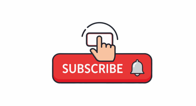 Red subscribe button with bell icon and hand clicking notification