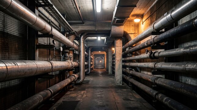 Industrial heating pipeline in a concrete utility tunnel. Infrastructure of district heating network system. Engineering basement interior with plumbing systems for hot water supply.