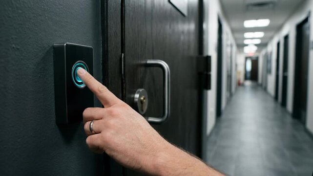 Focused medium frame showing a persons fingers on a sleek fingerprint sensor next to a locked record room door with the corridor softly blurred behind.
