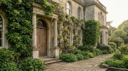Fototapeta premium Abandoned Mansion Covered in Vines, clean architectural or lifestyle setting, strong commercial appeal, balanced composition, soft natural light, realistic texture, crisp focus, refined atmosphere,