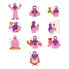 Fototapeta premium Eid Mubarak Muslim Woman Illustration Set