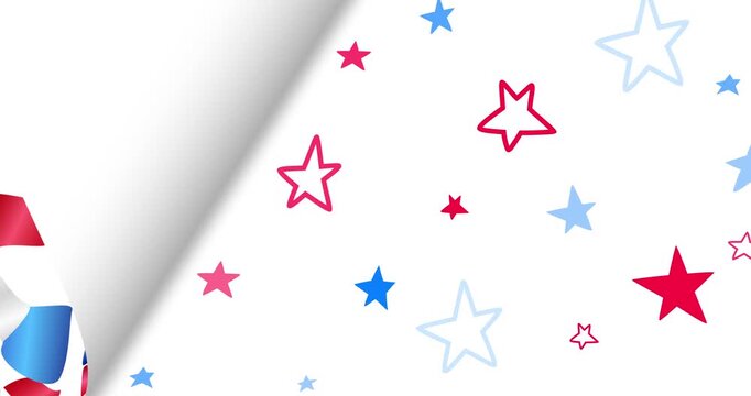 Celebration wit in colors of USA flag. Flipping through pages of American flag images and red white blue confetti or stars Celebration American Independence Day or President Day. 4k graphic motion