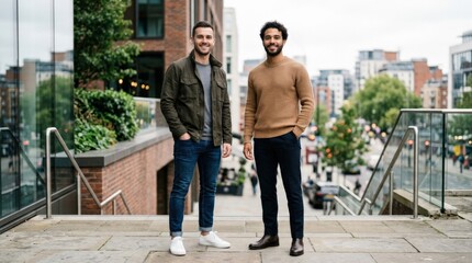 Fototapeta premium Two men posing in stylish casual clothing, modern fashion portrait, confident attitude, clean editorial styling, urban lifestyle concept, natural body language, refined wardrobe detail, soft daylight