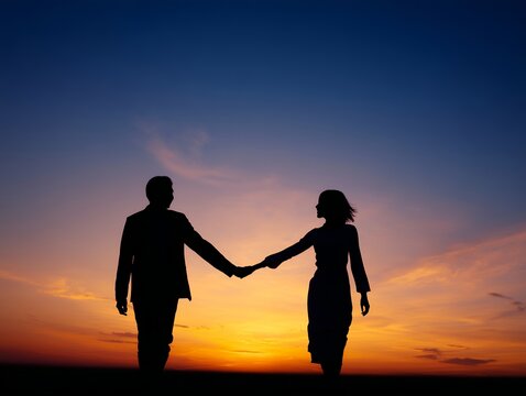 夕焼けの美しい空の下で手をつなぎ歩くビジネスマンとドレス姿の女性のシルエット