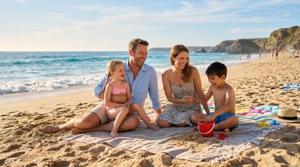 Fototapeta premium Happy family on the beach, relaxed coastal bonding moment, vacation and leisure concept, sandy shore and blue water, candid smiles, realistic detail, polished commercial composition, soft atmospheric