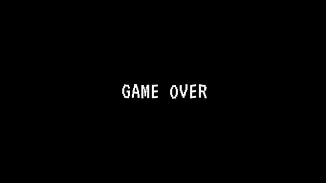 Game over screen with pixelated text on black background, retro arcade style
