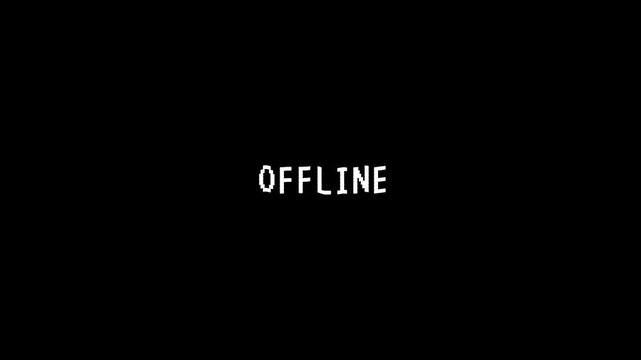 Distorted glitchy 'offline' text on black background with static noise, conveying disconnection and technical failure
