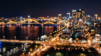 Fototapeta premium Defocused bokeh city lights of Danang, abstract urban night background with warm glow and modern travel atmosphere for design, tourism and nightlife themes, polished photoreal finish, no logos