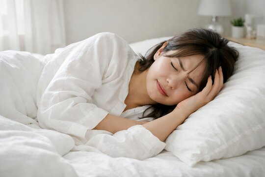 白いベッドで横になりながら頭痛や体調不良で頭を抱えて悩むパジャマ姿の若い女性