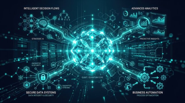 Central glowing crystalline sphere representing a qubit in a, enterprise AI concept for business automation, analytics, secure data systems and intelligent decision flows, dark navy background, teal