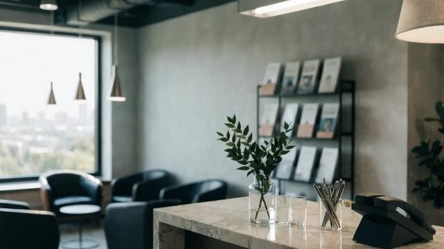 Compact insurance office reception featuring a clean front desk in focus with outoffocus seating and neatly arranged brochures emphasizing efficiency.