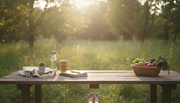 Sunlit Outdoor Picnic Table Set in Green Field