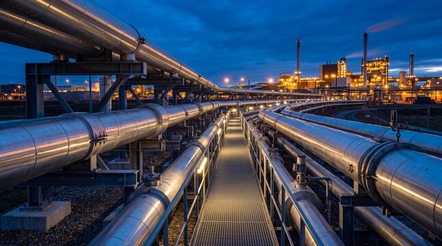 Pipeline network for heat supply at industrial plant. Metal pipes transporting energy at oil refinery or chemical factory. Infrastructure for utility services and heat distribution.