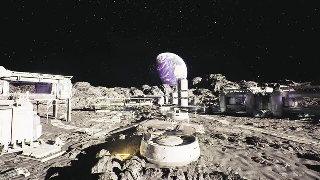 Lunar antenna array and observatory domes with telescope dishes, relay towers linking colony to deepspace networks, signal beams crossing starfield,