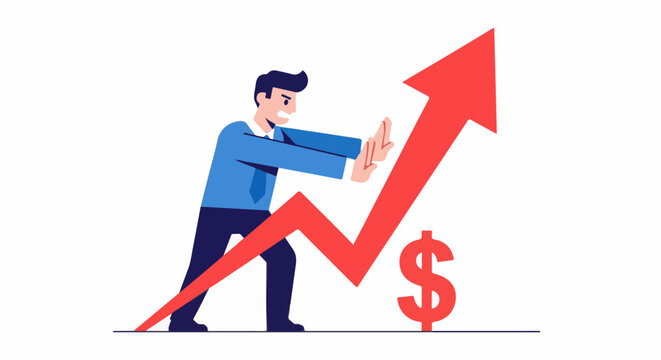 Businessman pushing against a rising red graph with dollar sign