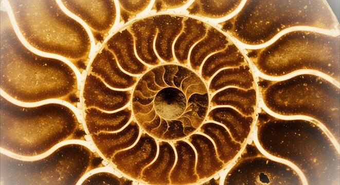 Ammonite shell cross section detailed spiral pattern golden ratio natural history specimen macro photography