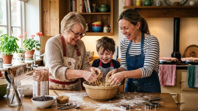 Baking with loved ones in a cozy kitchen, family togetherness and home lifestyle concept, hands preparing cookies or dough, warm domestic tradition, joyful candid moment, comfort food scene, soft