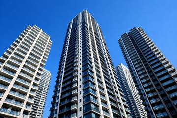 Obraz premium 青空の下にそびえ立つモダンな高層マンションと都会の街並みを下から見上げた外観写真