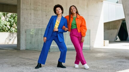 Fototapeta premium Fashion duo in bold colors, modern editorial portrait with confident styling, coordinated poses and high impact color contrast for apparel, beauty and youth branding themes, clean composition,