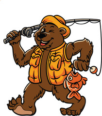 Obraz premium Hand-drawn cartoon brown bear fisherman holding a fishing rod and fresh catch, wearing an orange utility vest, isolated on white for outdoor recreation, wildlife mascot, and camping themes