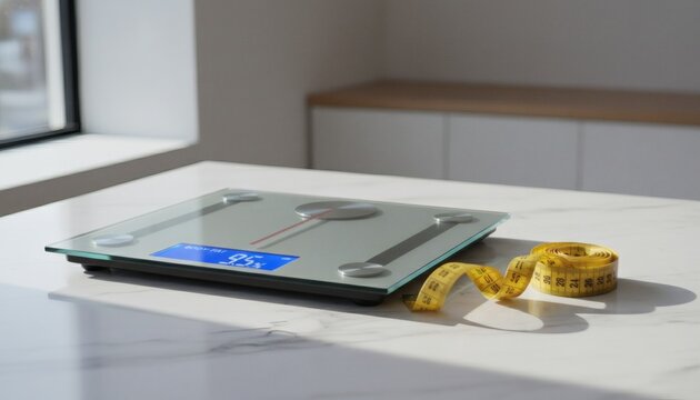 Modern digital scale showing low body fat percentage next to a yellow measuring tape on a marble counter for a weight loss and healthy lifestyle concept