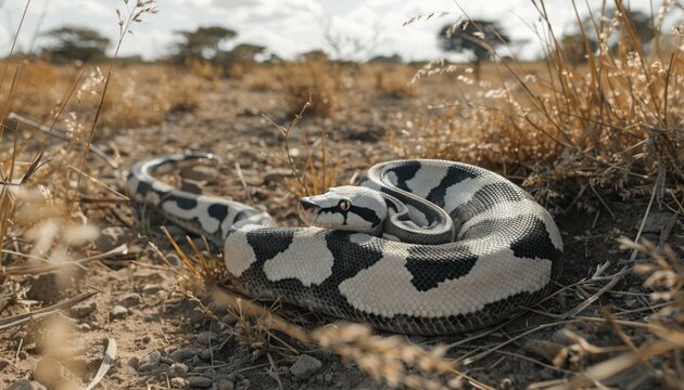 Panda Pied ball python morph coiled on the ground in a natural savanna habitat