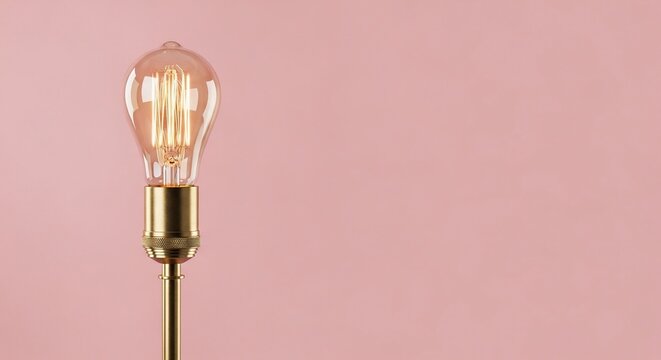 Close-up of a glowing vintage Edison light bulb on a pink background, symbolizing ideas and innovation.