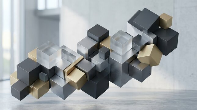 Abstract cubes composition, modern geometric design with clean volume and premium visual rhythm for branding, tech, packaging and presentation themes, subtle reflections, polished photoreal finish, no