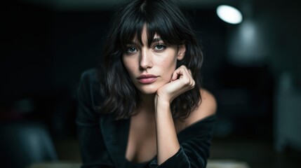 Fototapeta premium Portrait of a Beautiful Young Woman with Dark Hair and Bangs Posing Intently in Dim Indoor Lighting