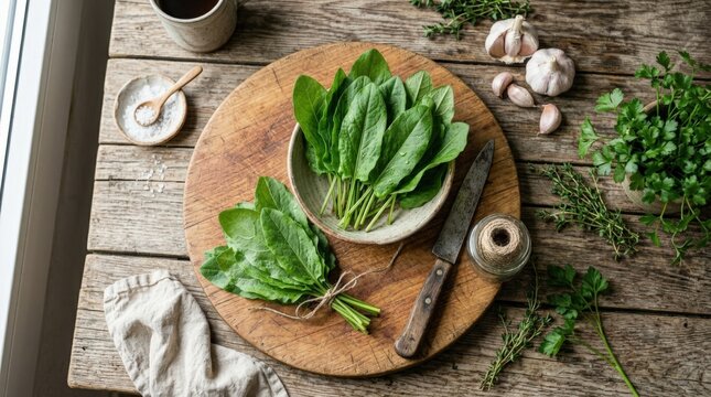 Young sorrel on a round cutting board with vintage knife and string, flat lay overhead food photography with natural greens, rustic kitchen scene and healthy seasonal ingredient styling, soft natural