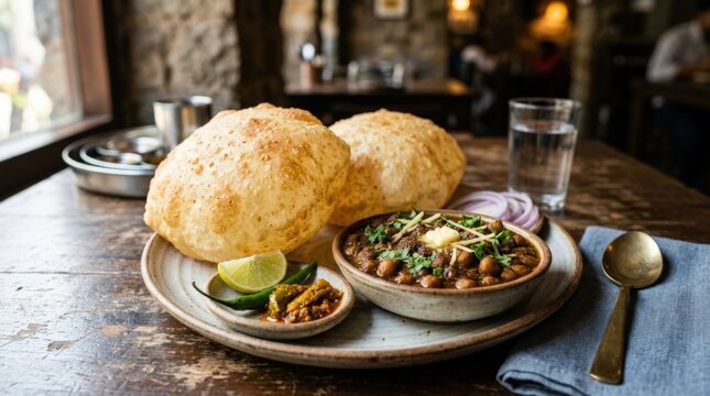 Delhi Style Chole Bhature &ndash; Fluffy Fried Bread with Spicy Chickpea Curry Food Shot, rich texture, fresh garnish and restaurant menu appeal, clean table presentation, soft natural light, flavorful