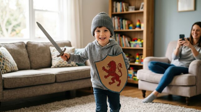 Funny child pretending to be a knight, happy kid having fun at home, playful imagination, costume adventure and joyful family lifestyle in a cozy indoor setting, soft natural light, realistic detail,