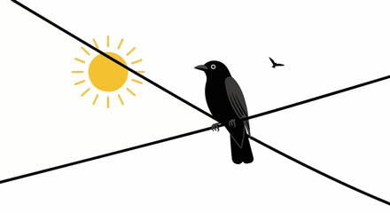 Fototapeta premium A black bird perched on wires beneath a yellow sun and another bird in flight