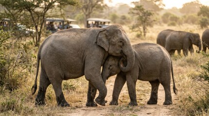 Obraz premium Elephants in National Park safari, Sri Lanka, pet lifestyle, animal companionship, candid everyday moment, natural light, photorealistic, high detail, crisp focus, balanced composition, premium stock