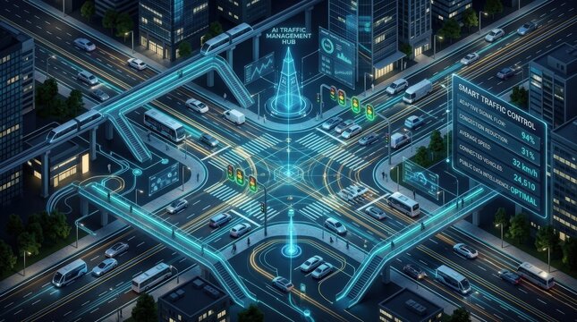 Smart city AI traffic management visualization, connected mobility, adaptive control and urban efficiency concept for enterprise infrastructure, autonomous systems and public data intelligence,