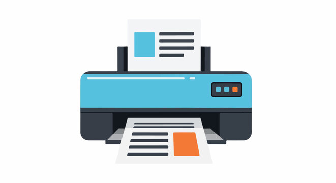 A blue and gray printer is printing documents, one paper is outputting